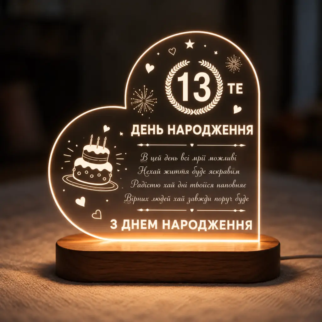 Нічник «Ювілейний день народження» — дерев’яний виріб з персоналізацією ручної роботи