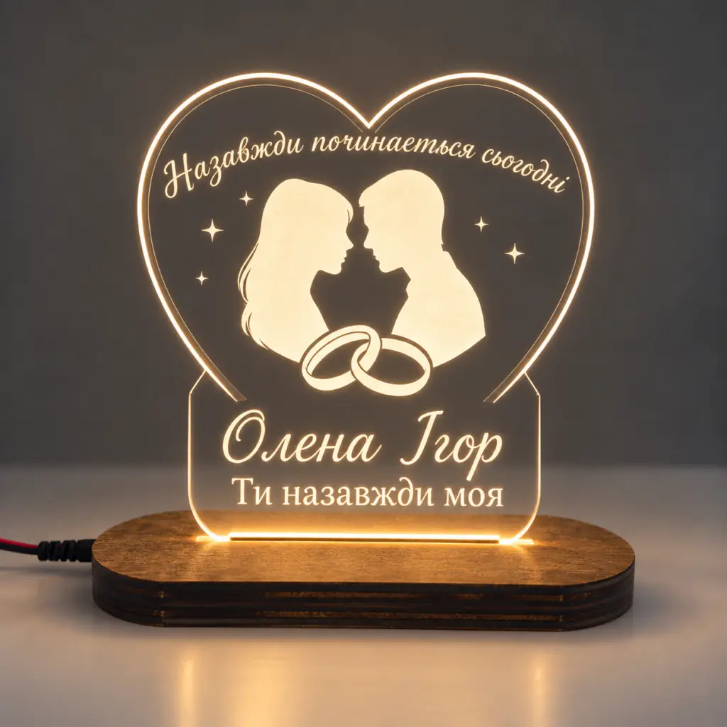 Нічник «Назавжди починається сьогодні» — дерев’яний виріб з персоналізацією ручної роботи