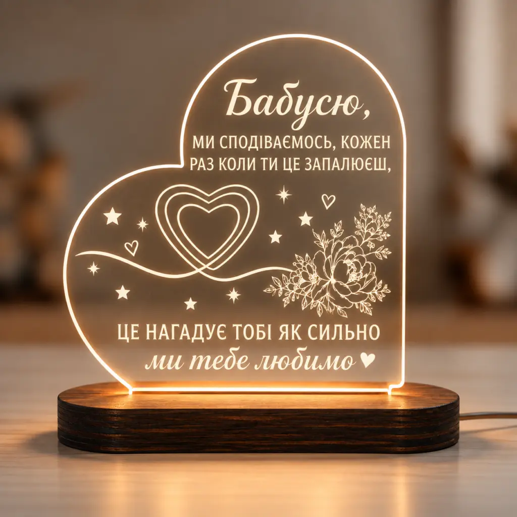 Нічник «Бабусю, ми тебе любимо» — дерев’яний виріб з персоналізацією ручної роботи