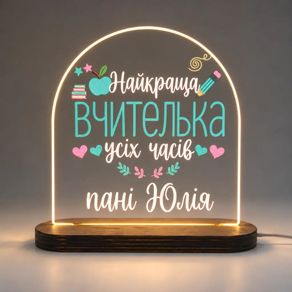 Нічник «Найкраща вчителька усіх часів» — дерев’яний виріб з персоналізацією ручної роботи