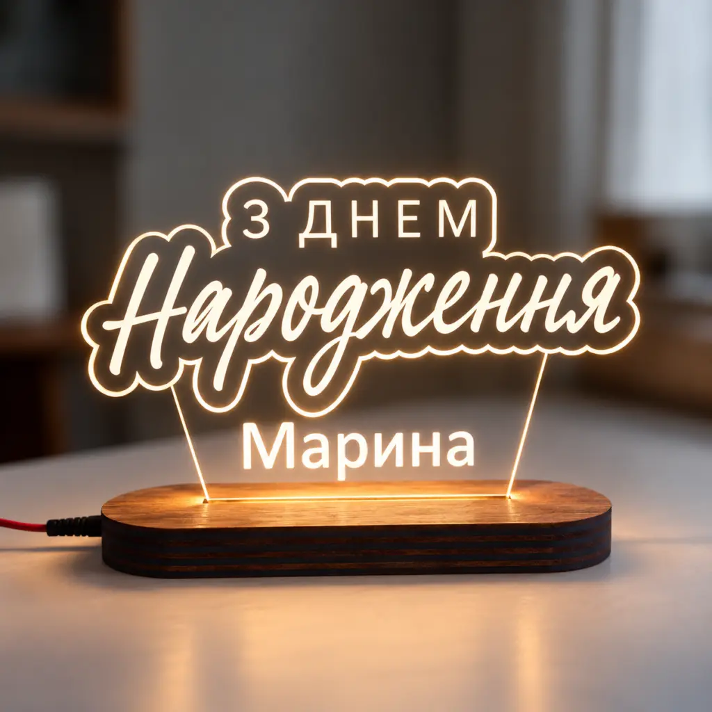 Нічник «З Днем народження» об'ємний напис — дерев’яний виріб з персоналізацією ручної роботи