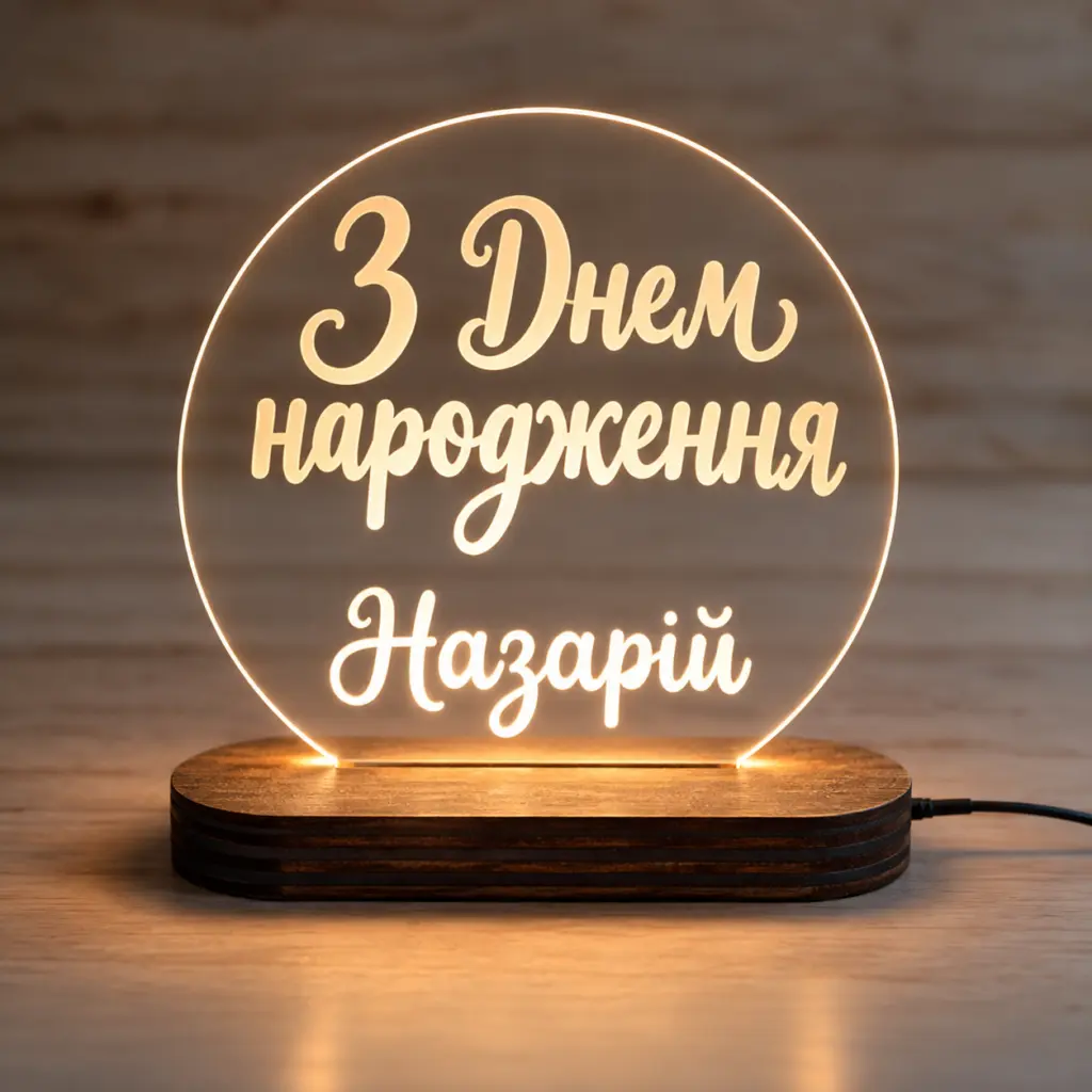 Нічник «З Днем народження» круглий — дерев’яний виріб з персоналізацією ручної роботи