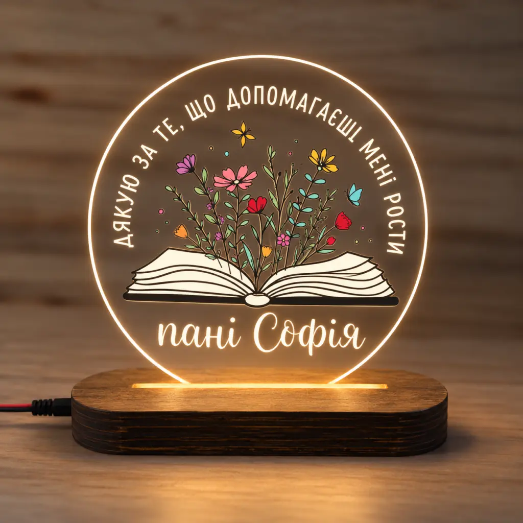 Нічник «Дякую, що допомагаєш рости» — дерев’яний виріб з персоналізацією ручної роботи