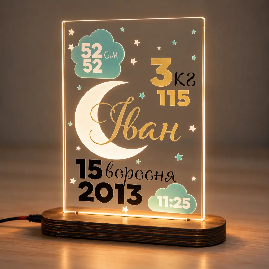 Нічник-метрика «Місяць і хмарки» — дерев’яний виріб з персоналізацією ручної роботи